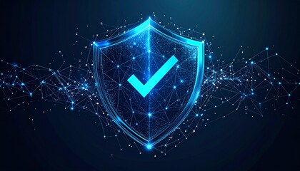 Poster - a digital shield symbolizing security and trust, featuring a check mark, surrounded by a network of 