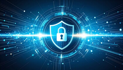 Poster - digital security graphic featuring a shield with a padlock, surrounded by glowing data lines, symbol