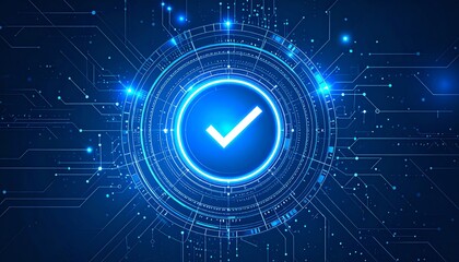 Poster - A glowing blue check mark surrounded by digital patterns, symbolizing success or verification in technology
