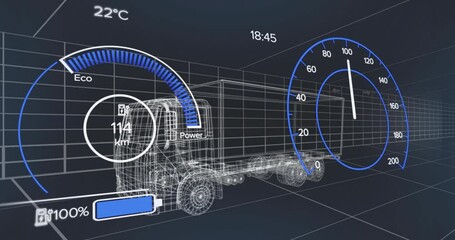 Poster - Wireframe truck and trailer model floating in perspective grid, showing speedometer and gauges