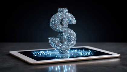 Poster - Sparkling dollar symbol rises from tablet screen representing business concept with digital innovation and financial growth ideas