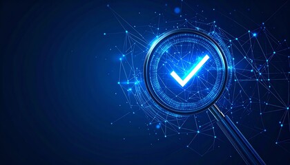 Poster - A magnifying glass with a glowing check mark, set against a deep blue background, symbolizes verification and digital technology