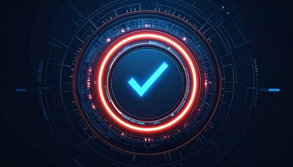 Poster - A circular digital design featuring a blue checkmark surrounded by glowing red and blue rings, representing approval or success in a technological context
