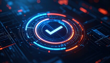 Poster - Futuristic digital interface featuring a glowing checkmark surrounded by vibrant blue and red circular patterns