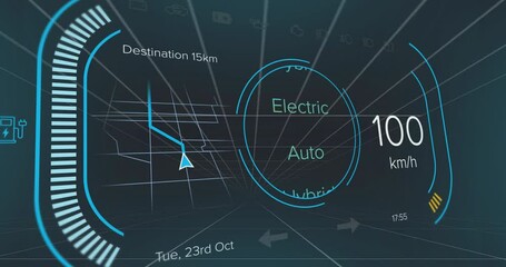 Poster - Digital auto HUD 3D render projecting over dark grid, showing wireframe map and semi-circular ring