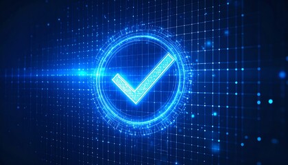 Poster - A glowing blue checkmark on a digital grid background, symbolizing verification, approval, or success in a tech-themed design