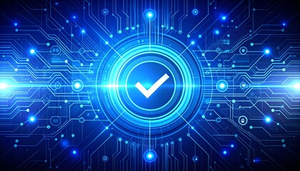 Poster - A digital abstract design featuring a central checkmark surrounded by a network of glowing lines and circuits, symbolizing technology and validation