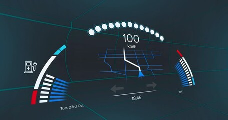 Poster - Digital dashboard projecting holographic speedometer, navigation map, battery and climate gauges