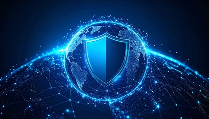 Poster - A glowing globe surrounded by a network of digital connections, featuring a prominent shield symbolizing security and protection in a technological context