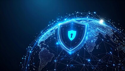 Poster - a digital globe with a shield symbolizing cybersecurity, featuring interconnected lines and glowing 