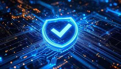 Poster - A glowing blue shield with a check mark, symbolizing security and protection in a digital landscape filled with circuit patterns