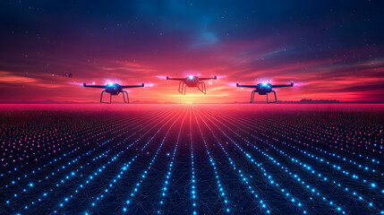 Poster - Futuristic drones illuminate a vibrant, light-filled field at sunset. A mesmerizing blend of technology and nature. Abstract wireframe in dark blue. A captivating stock photo.