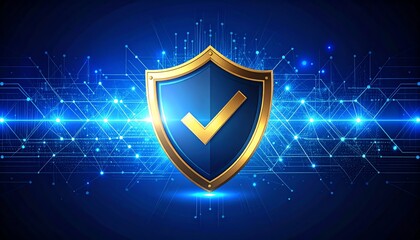 Poster - a digital shield symbolizing security and protection in a tech-themed backdrop, featuring a check ma