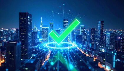 Poster - A futuristic cityscape with glowing buildings and a large green checkmark symbolizing success and approval in a digital landscape