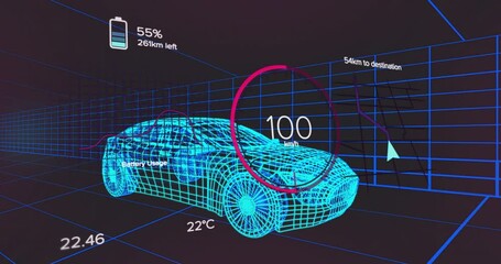 Poster - Neon blue wireframe car model displaying speed gauge battery graph and navigation map in 3D grid
