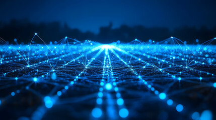 Poster - Futuristic network visualization with glowing blue nodes connected by lines above a blurred cityscape. Represents data flow and digital connectivity. Abstract wireframe in dark blue.