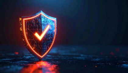 Poster - A glowing shield symbolizing security and protection with a checkmark, set against a dark, digital background