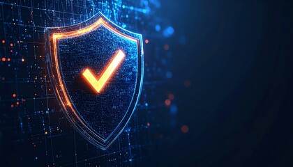 Poster - digital shield icon with a checkmark, symbolizing security and protection in a futuristic, tech-insp