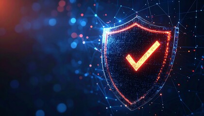 Poster - digital shield symbolizing security and protection, enhanced with glowing elements and a checkmark, 