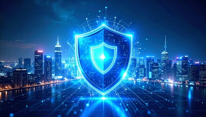 Poster - a futuristic city skyline illuminated at night, featuring a glowing shield symbolizing digital secur