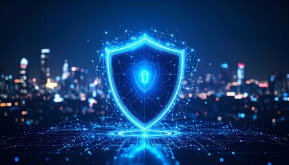 Poster - a glowing digital shield symbolizing cybersecurity stands against a city skyline, representing prote
