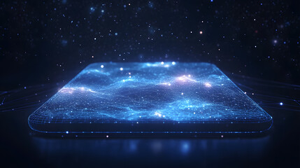 Aufkleber - Futuristic smartphone concept with a dynamic, blue landscape display against a starlit backdrop. Advanced technology and digital connectivity visualized. Abstract wireframe in dark blue.