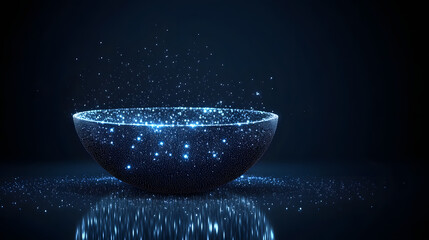 Poster - Enigmatic blue dots converge in a bowl, dispersing upwards in a captivating display. The reflective surface enhances the ethereal ambiance, ideal for abstract concepts. Abstract wireframe in dark blue