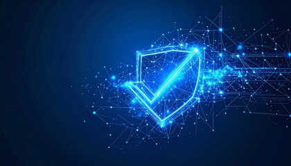Poster - A glowing digital shield symbolizing security in a networked environment, connected by lines and points of light