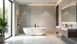 © Tanin - Sleek modern bathroom with freestanding tub and large shower Minimalist design, neutral tones , sink, architecture, home improvement
