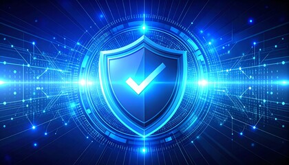Poster - A futuristic digital shield symbolizing cybersecurity, surrounded by glowing data patterns and technology elements