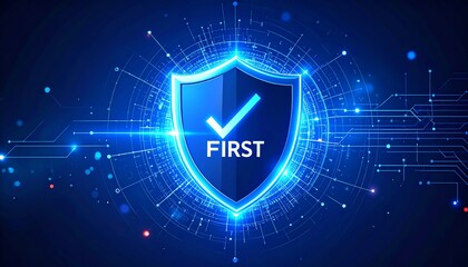 Poster - A glowing shield with a checkmark, symbolizing security and trust, surrounded by digital circuits and blue light effects