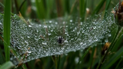 A spider sits on a dew-covered web in tall green grass, macro detail.