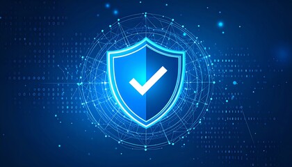 Poster - a digital shield symbolizing security and protection in a tech environment, surrounded by network co