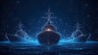 © ainynoer - Striking digital visualization of three navy ships rendered as blue wireframes against a deep blue starlit background. Evokes advanced technology and naval power. Abstract wireframe in dark blue.