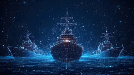 Fototapete - Striking digital visualization of three navy ships rendered as blue wireframes against a deep blue starlit background. Evokes advanced technology and naval power. Abstract wireframe in dark blue.