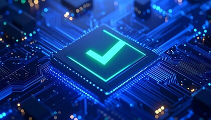 Poster - A glowing checkmark on a circuit board symbolizes validation in technology and digital solutions