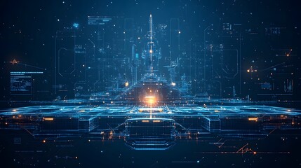 Poster - Futuristic tech landscape with neon accents. Digital code streams and geometric shapes create a high-tech atmosphere, perfect for technology and innovation projects. Abstract wireframe in dark blue