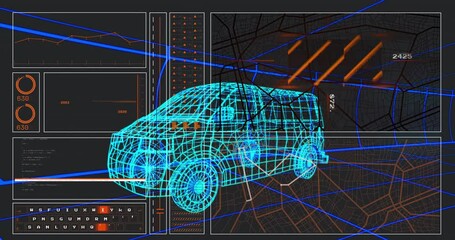 Poster - Cyan wireframe SUV model rotating in animated 3D illustration, showing data panels and road map