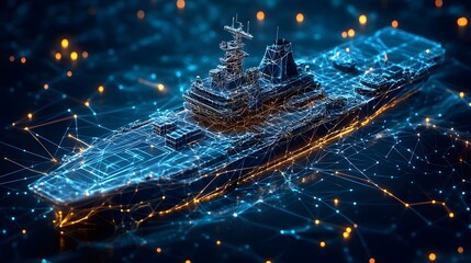 Poster - Futuristic aircraft carrier wireframe illustration against a dark, digital network backdrop. Showcasing advanced naval technology and engineering. Abstract wireframe in dark blue.