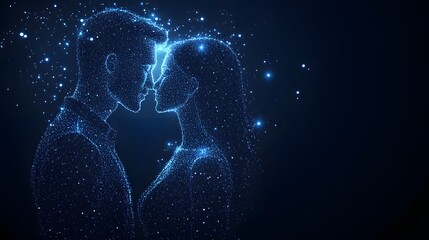 Poster - Ethereal couple rendered in sparkling blue dots and lines against a deep blue background. A romantic and dreamy scene, perfect for conveying love and connection. Abstract wireframe in dark blue.