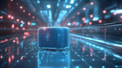 Poster - Futuristic blue wireframe suitcase on a reflective floor, illuminated by blurred bokeh lights. Evokes modern travel and technology. Abstract wireframe in dark blue.