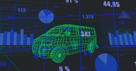 Poster - 3D wireframe van model floating in dark technical dashboard, showing blue charts with data labels