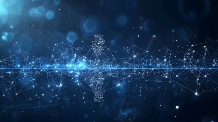 Poster - Futuristic technology abstract depicting interconnected digital nodes and data flow. High-tech network visualization with glowing connections. Abstract wireframe in dark blue.