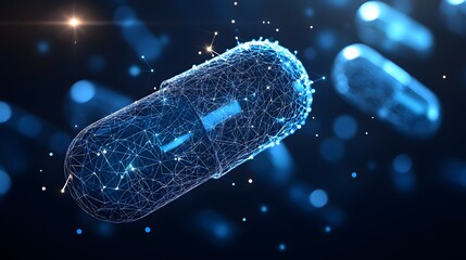Aufkleber - Futuristic capsule with glowing blue grid and vibrant lights creates a tech marvel. Dark background accentuates luminosity. Circuitry patterns below. Abstract wireframe in dark blue.