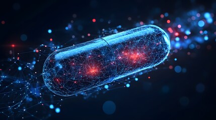 Fototapete - Futuristic capsule concept with glowing red core and intricate blue wireframe. A modern design for technology, science, or medicine. Abstract wireframe in dark blue.