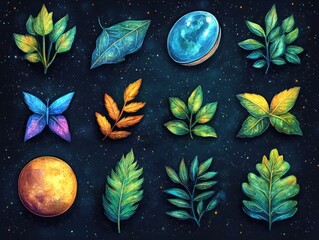 colorful botanical illustrations in space