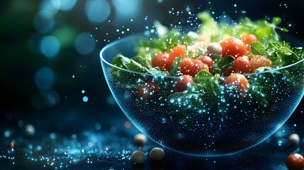 Poster - Enticing salad featuring vibrant greens, ripe tomatoes, and a luminous, futuristic blue light bowl. Perfect for health, technology, and modern dining concepts. Abstract wireframe in dark blue.