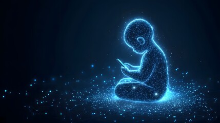 Aufkleber - Futuristic baby meditates in lotus position, captivated by a smartphone in a digital realm. A captivating image symbolizing technology and childhood. Abstract wireframe in dark blue.