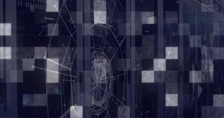 Poster - Interlocking squares rotating across blue grid, showing translucent node mesh in flat design