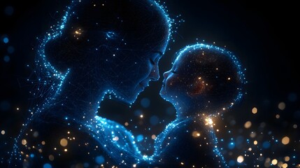 Poster - Ethereal bond between mother and child illustrated with glowing lines and points of light. A tender moment captured in a technologically stylized embrace. Motherhood. Abstract wireframe in dark blue